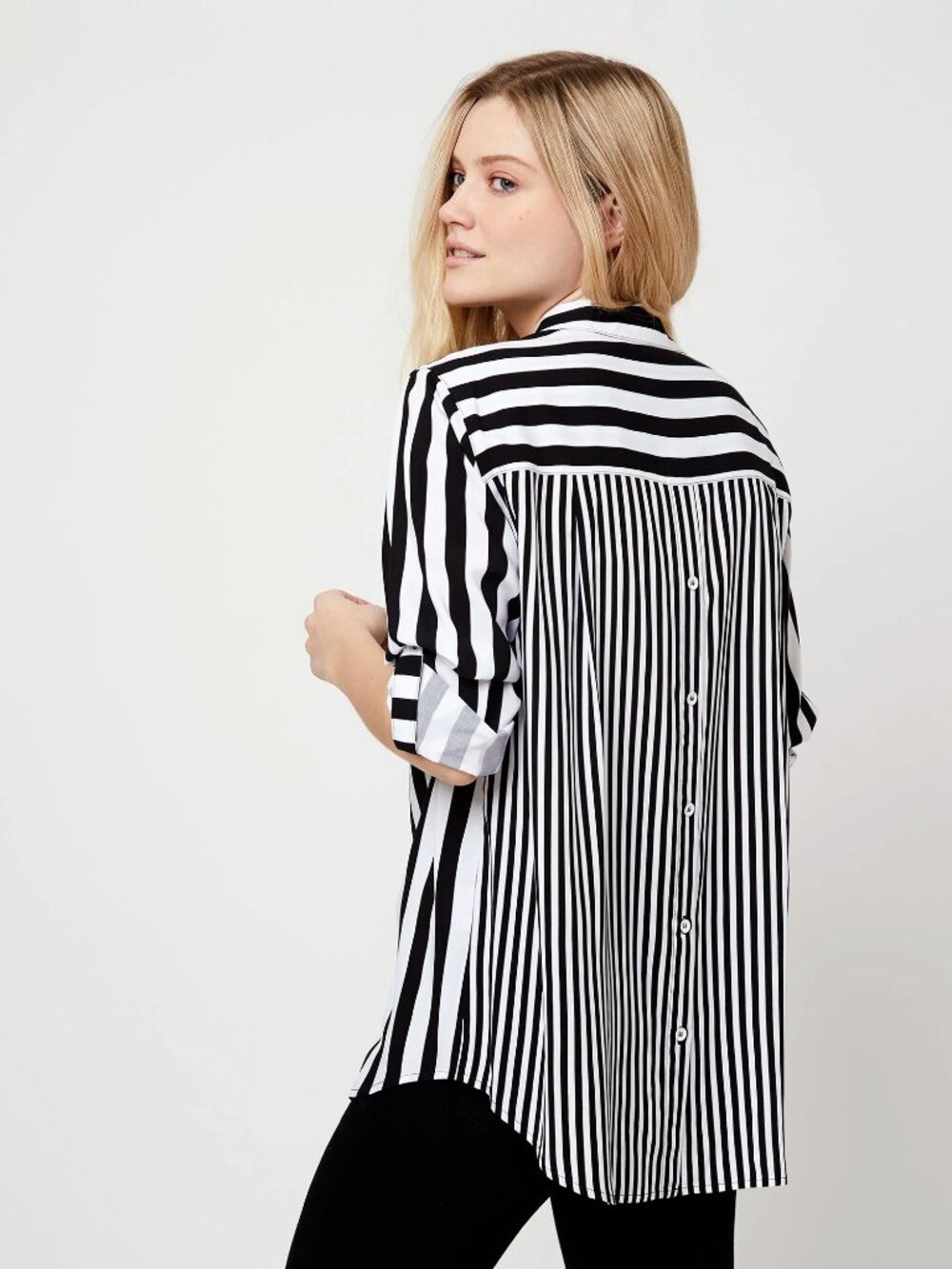 Jane and Delancey Mixed Stripe Black and White Button Up Blouse | M
